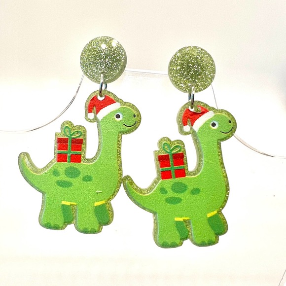 Christmas Dino Earrings - Dinosaur Earrings - Santa Earrings - Holiday Earrings - Picture 1 of 8